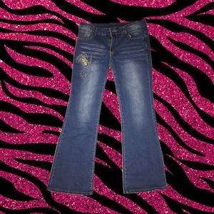 Butterfly Embroidery & Rhinestoned Flare Jeans